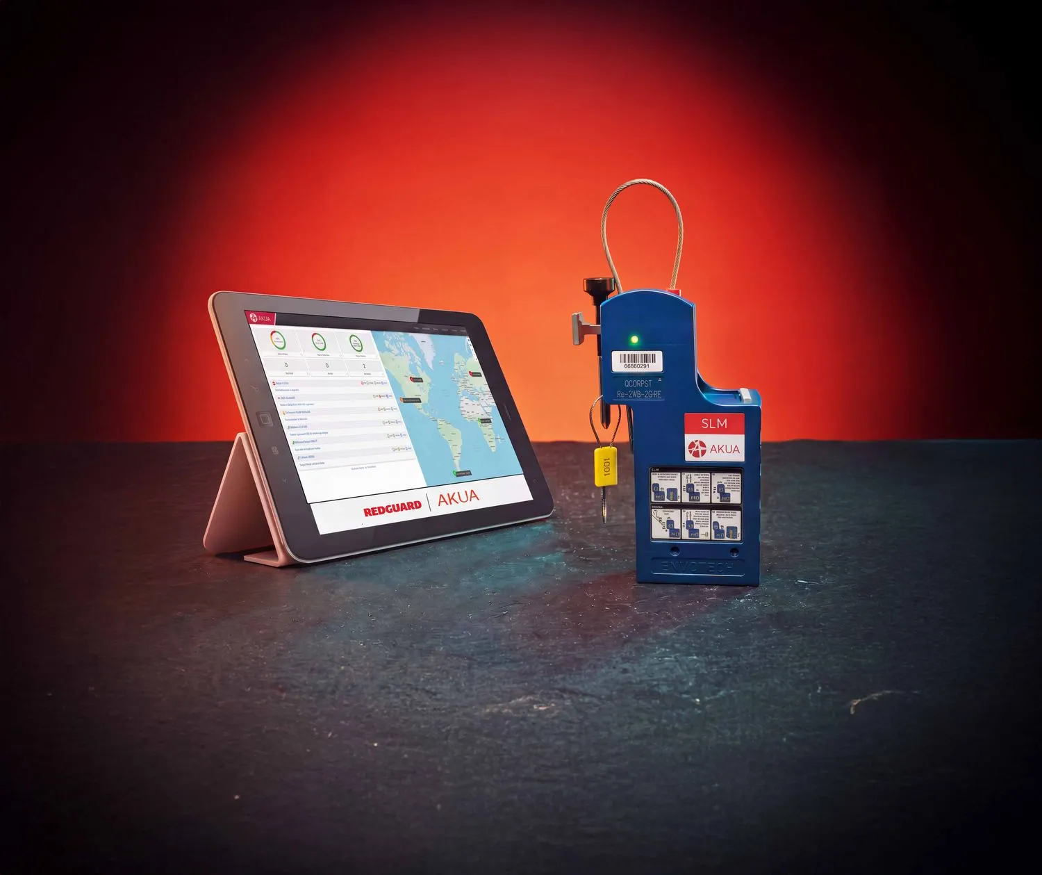 The AKUATrack tablet dashboard beside a 4G SLM smart locking e-seal